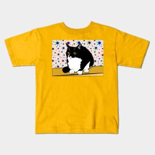 Cute Tuxedo Fatty Cat Sitting on the Bench  copyright TeAnne Kids T-Shirt